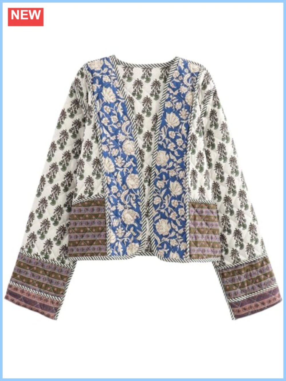 Women's Cropped Quilted Puffer Jacket Floral Printed Lightweight Open Front
